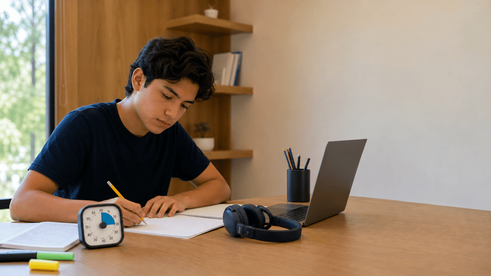 Estudiante prepara materiales de estudio para un examen de admisión.