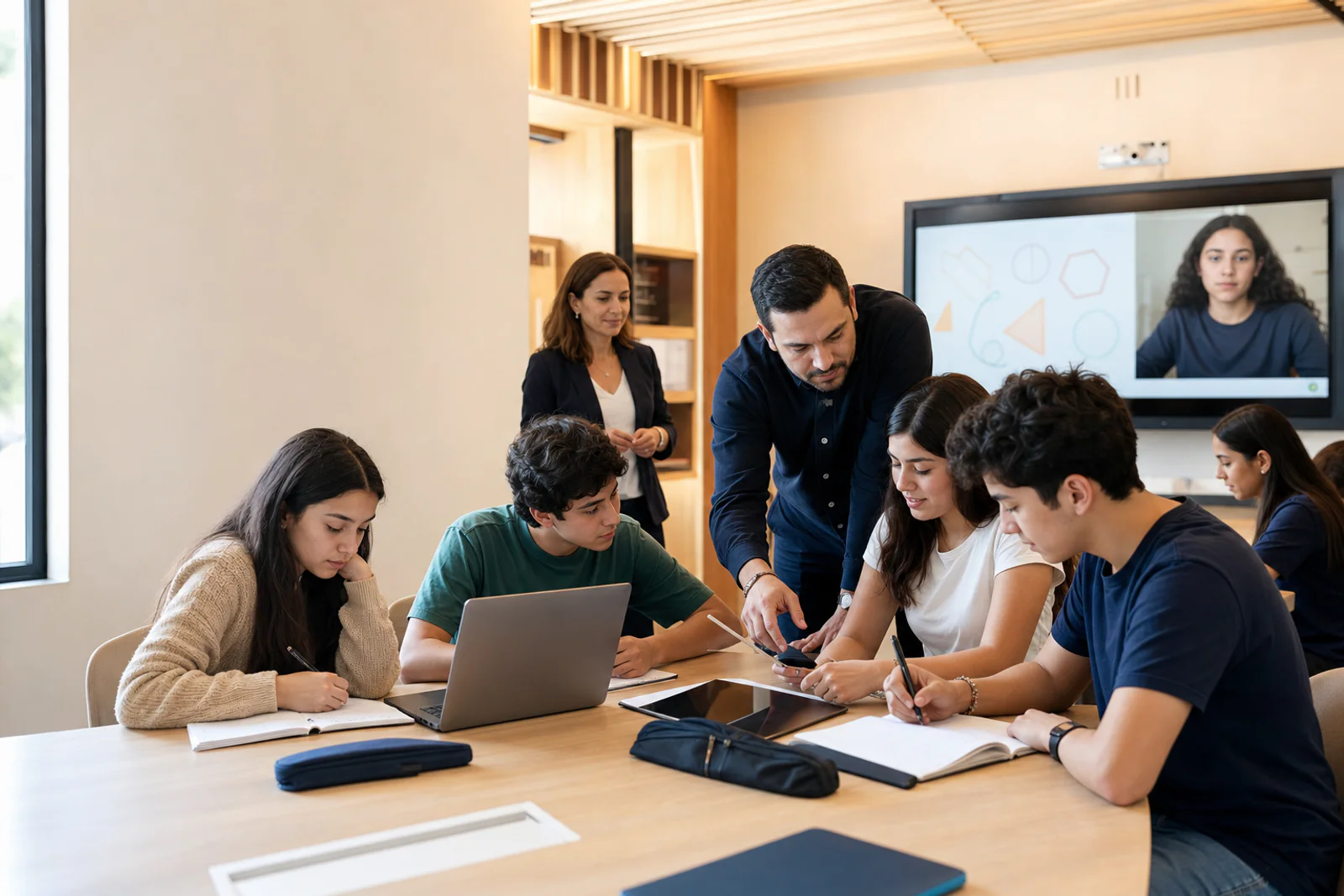 Clase híbrida con estudiantes, docentes y tecnología Edukandus